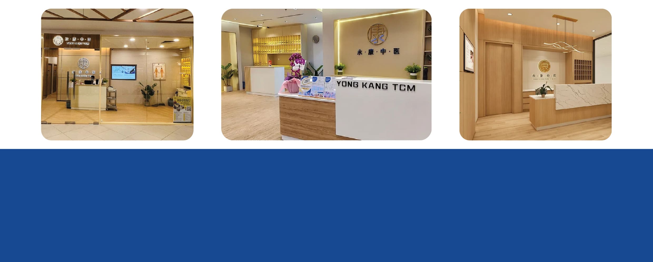 the counter at Yong Kang TCM Clinic and the logo of Yong Kang TCM Clinic at one of their outlets